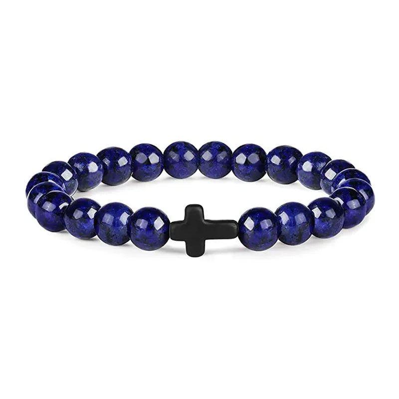 Men Natural Stone Bead Cross Bracelet Onyx Meditation Bracelet Women Yoga Jewelry Homme Pulser Lava Turquoise Beaded Bracelets