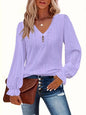 Plus Size Eyelet Button Decor T-Shirt Casual V Neck Long Sleeve Top For Spring & Fall Women's Plus Size Clothing