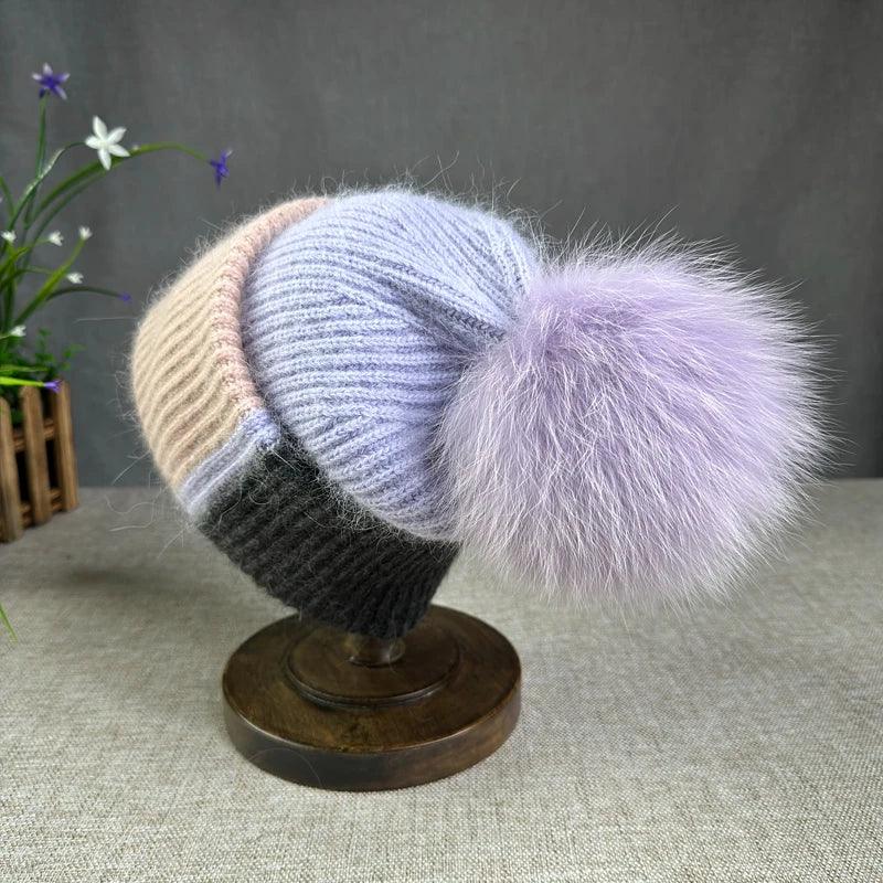 2024 New Rabbit Fur Beanies Soft Warm Fluffy fur pompom Winter Hat for Women Angora Knitted Hat Skullies Female Bonnet Knit Cap