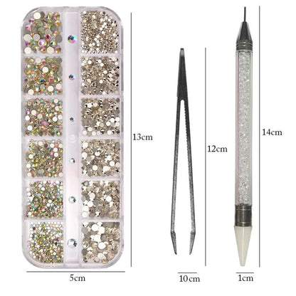 12 Grids Multi Sizes Nail Rhinestones Set Crystal AB Clear Gems with Crystal Pen Clips for DIY Nail Art Decorations