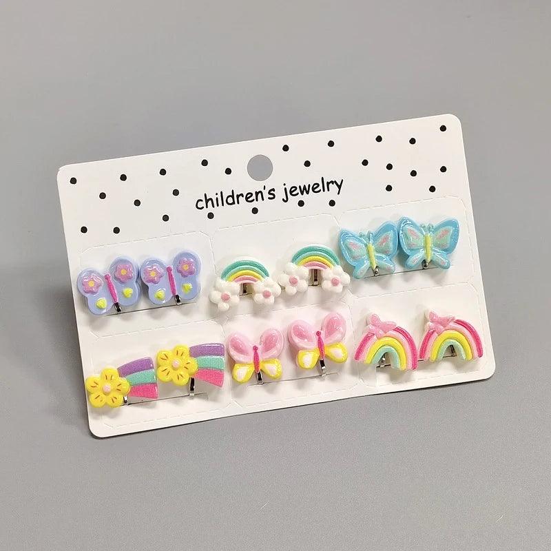 Rainbow Unicorn Butterfly Non Piercing Clip on Earring for Kids Girls Children Christmas Gift 6PRS/SET