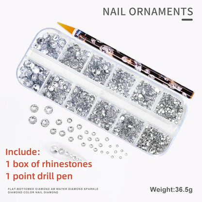 12Gird 3D Glass AB Crystal Nail Art Rhinestones Kit Flatback Round Bead Charm Gem Stones Jewelry Diamond with Tools for Nail Art