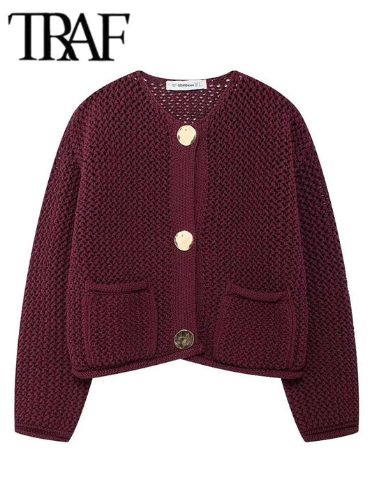 TRAF Autumn Winter Knitted Cardigans For Women Casual Button Long Sleeve Female Sweater 2024 Fashion Loose Lady Cardigans Coat