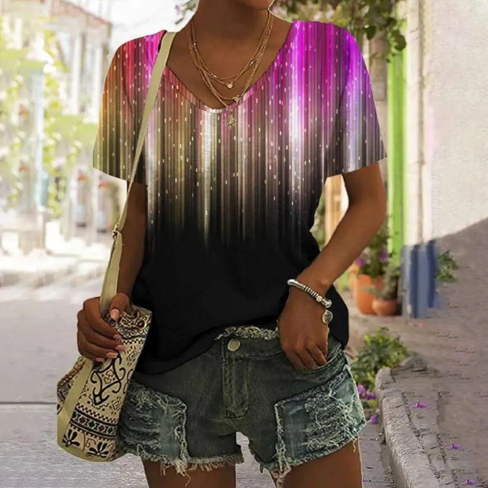 New Summer Breathable T-Shirt 3D Gold Glitter Sequin Printed V Neck Shirt Tops Women Street Luxury Oversized Tops Short Sleeve