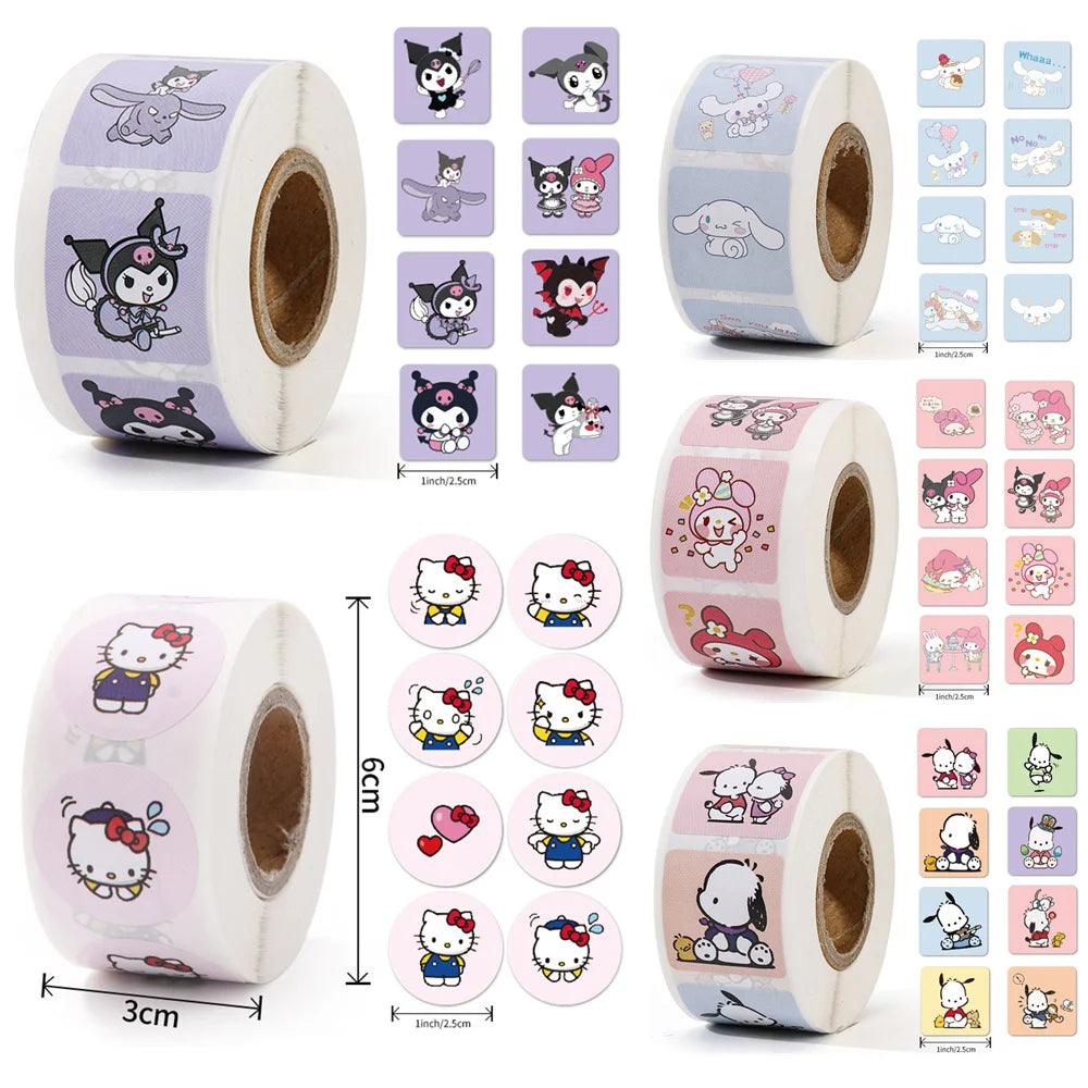 500Pcs/Roll Sanrio Stickers Kawaii Hello Kitty Melody Kuromi Cinnamoroll Luggage Graffiti Decals Kid Toy Decoration Sticker Gift