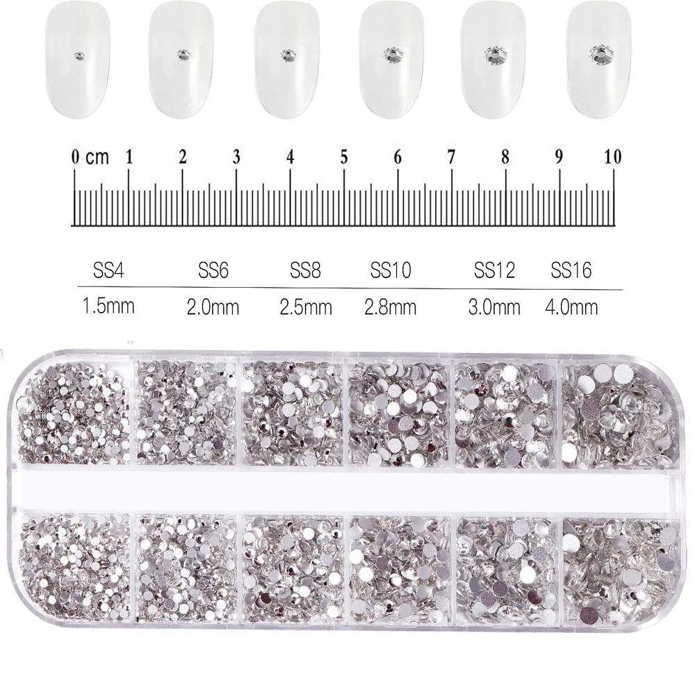 12Grids SS6-SS30 Mixed Nail Rhinestones Shiny Clear/Gold/Pink/Blue Diamond Flat-back Nail Gems Glass Stones Nails Decoration