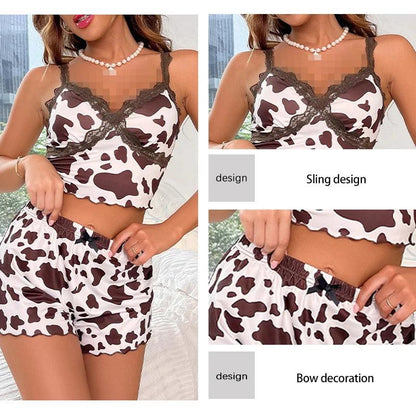 New Women's Printed Sleeveless V-Neck Camouflage Contrasting Lace Spaghetti Strap Top with Shorts Pajama Set