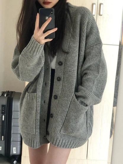 V-neck Single Breasted Sweater Cardigan Women's Coat Spring Autumn Korean Loose Knit Top Women Clothing