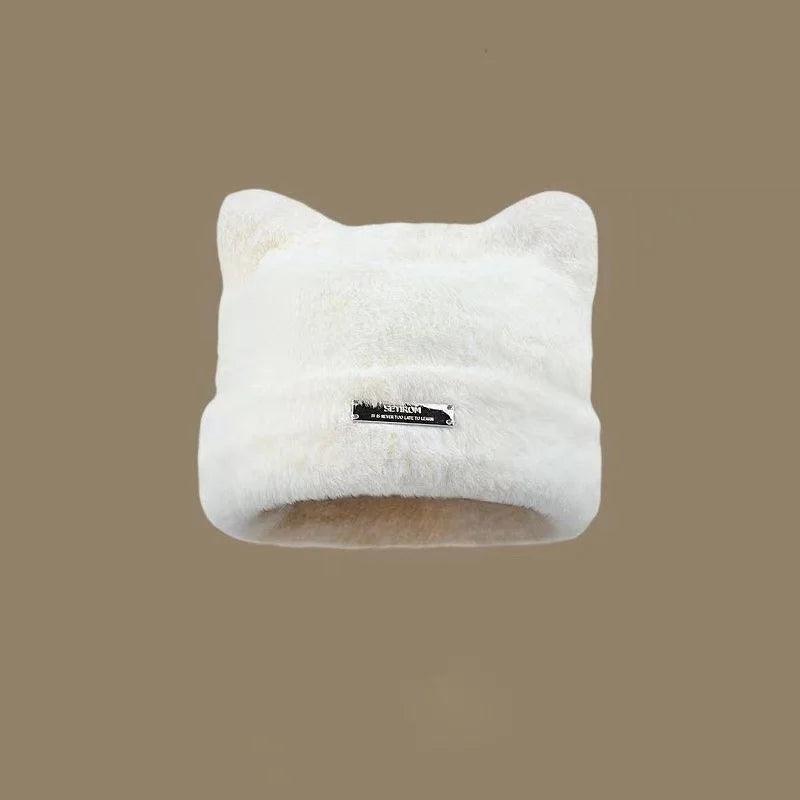 Iron Label Decorative Beanie Hat with Ears Cute Warm Plush Cat Beanie Winter Faux Fur Beanie Elastic Knitted Hat Women Outdoor - HighGloss Shop