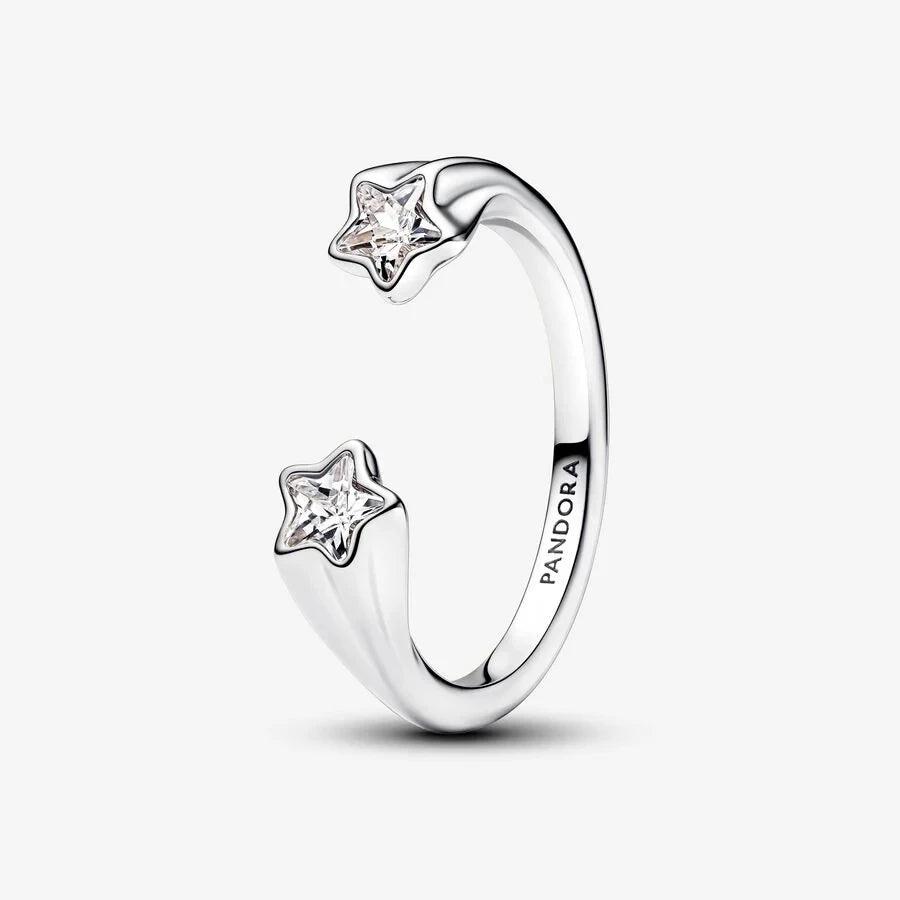 2024 New S925 Silver Pando Ring Pavé Cuban Chain Ring Shooting Stars Open Ring Bow Ring Women's Jewelry Ring Christmas Gift