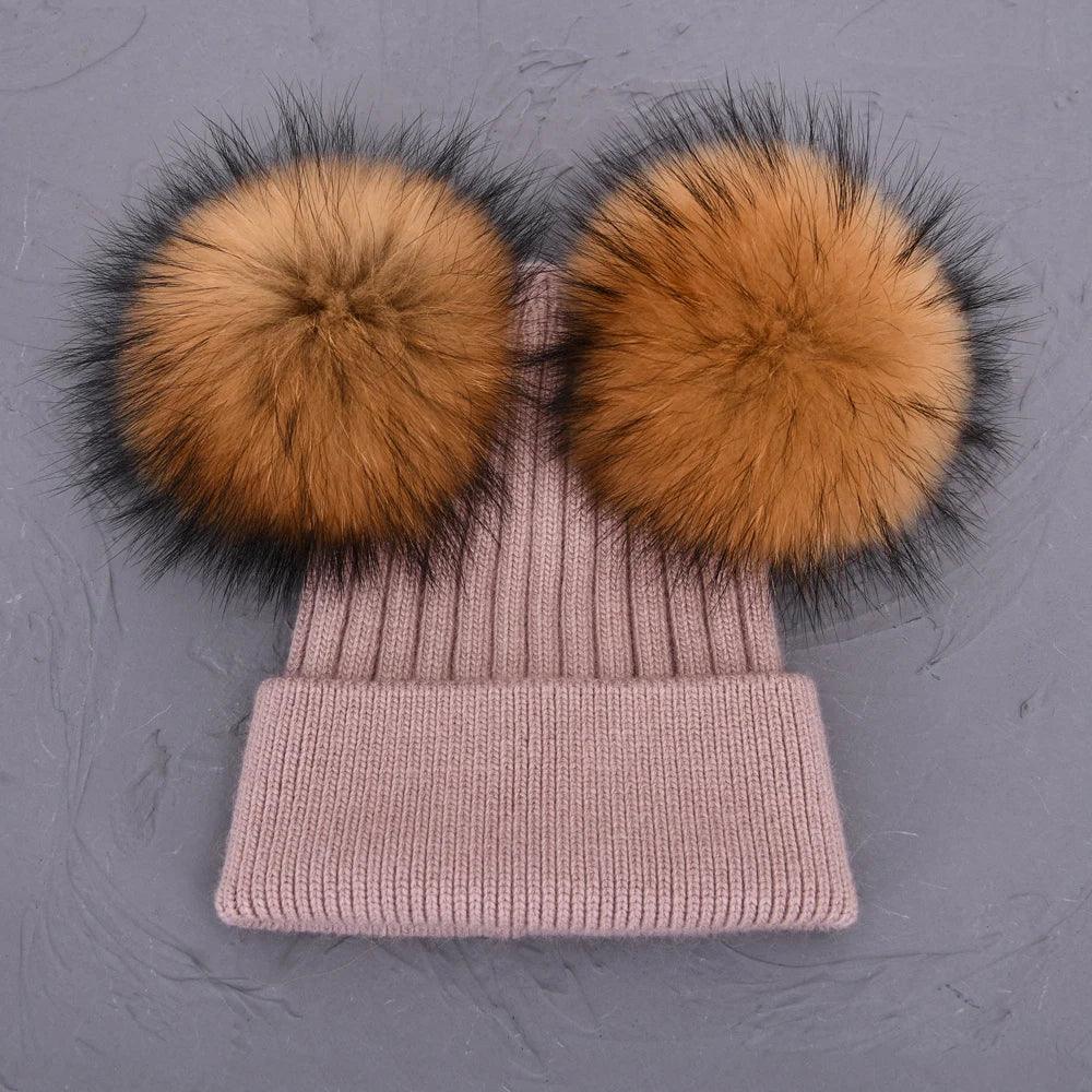 Double Real Raccoon Fur Pompom Hat Women Winter Caps Knitted Wool Hats Skullies Beanies Girls Female Two Fur Pom Pom Beanie Hat