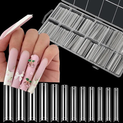 240PC Professional 3XL Extra Long Clear Square Nail Tips 12 Sizes Half Cover Acrylic Nails NO C CURVE Long Square Fake Nail Tips