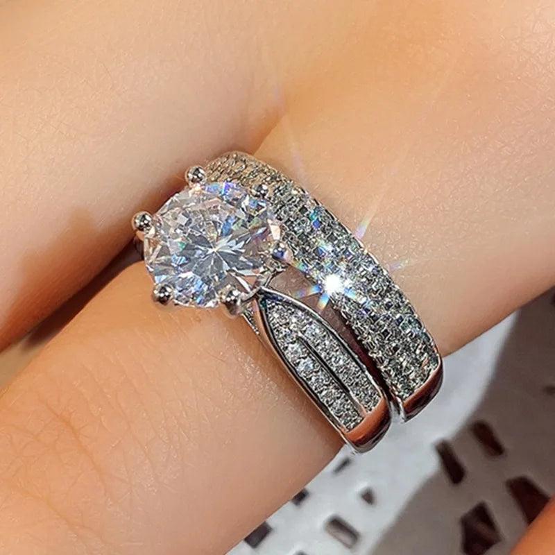 Charm Women Rings Silver Color Round Classic Design White Stone Rings Set Wedding Party Accessories Gift