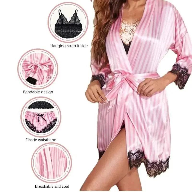 Women's Summer Fashion And Comfortable Nightwear Lace Satin With Silk Sleepwear Robe Sexy Pajama Pants Home Clothes