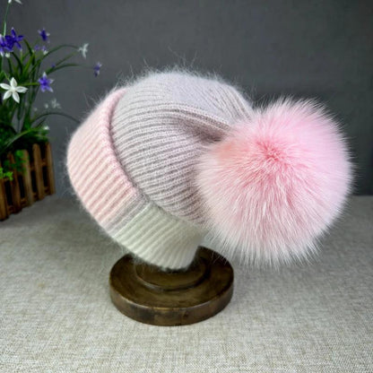 2024 New Rabbit Fur Beanies Soft Warm Fluffy fur pompom Winter Hat for Women Angora Knitted Hat Skullies Female Bonnet Knit Cap