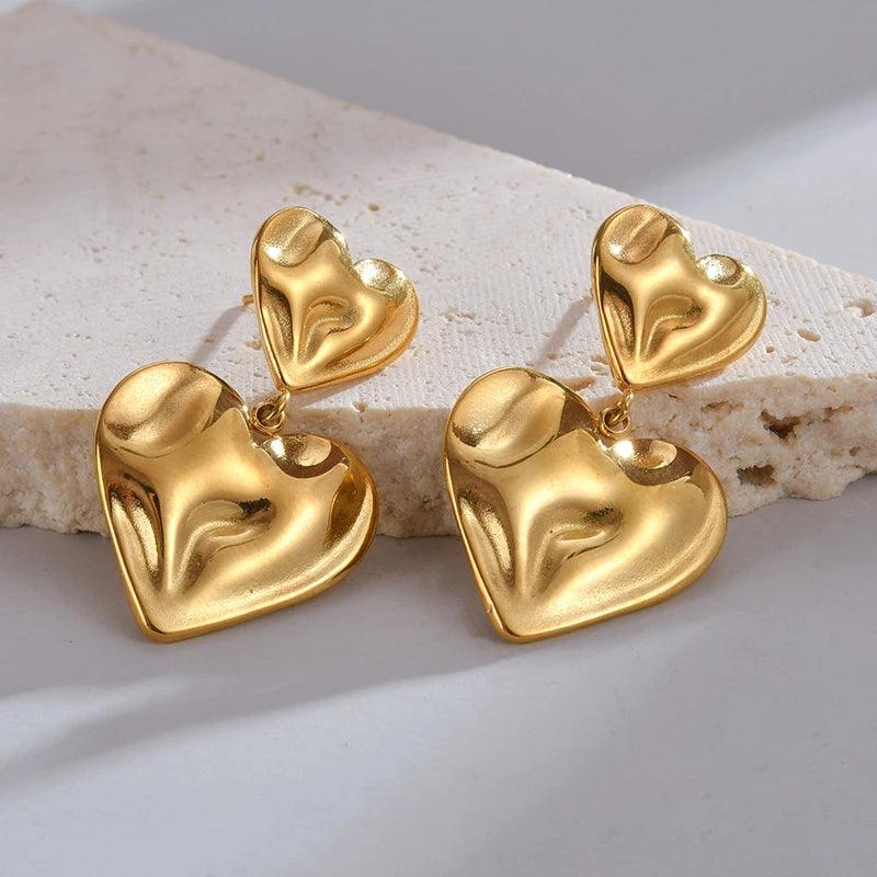 Vintage 18K Gold Plated Stainless Steel Double Heart Shaped Drop Earrings for Women Fashion Jewelry Gift