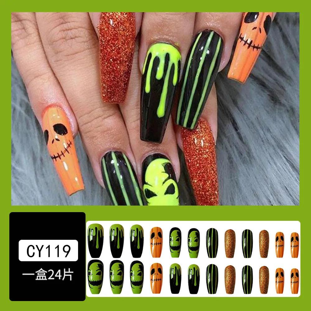 24pc/set Fashion Almond Press On Nails Art Halloween Black Ghost Design Fake Nail Pumpkin Castle Pattern Glossy False Nails Tips