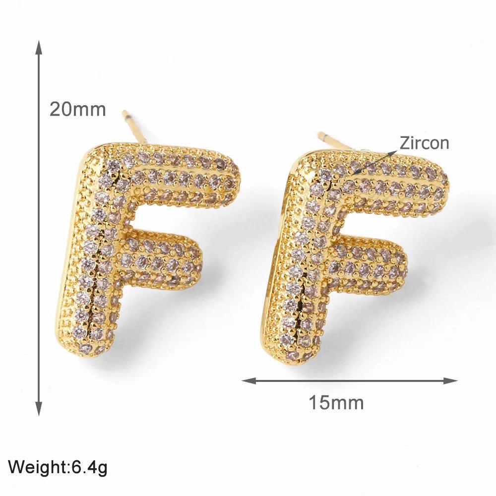 FLOLA Clear Crystal Bubble Letter Earrings for Women Copper Gold Plated Initial Ear Studs Name Jewelry Gifts ersa009