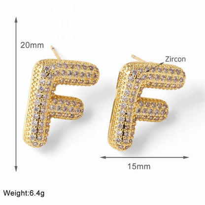 FLOLA Clear Crystal Bubble Letter Earrings for Women Copper Gold Plated Initial Ear Studs Name Jewelry Gifts ersa009