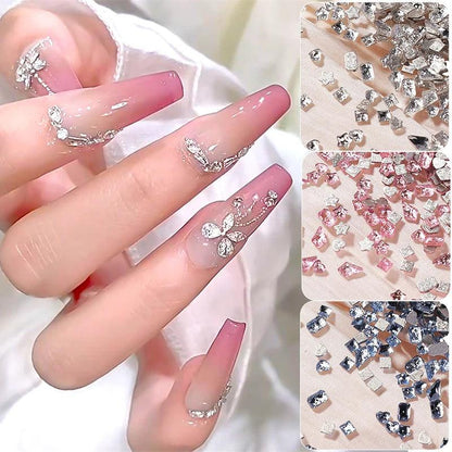 1Bag Mixed Irregular Flat Bottom Silver Crystal Nail Rhinestone Glitter Nail Charm Jewelry Gems Stone Parts Manicure Accessories