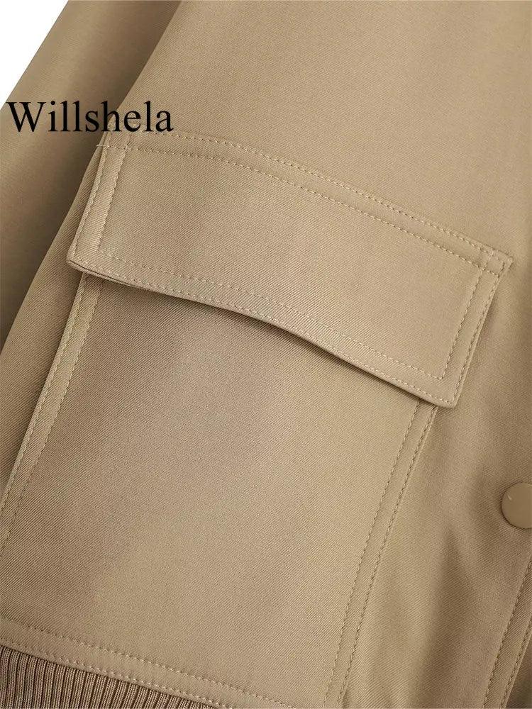 Willshela Women Fashion Solid Bomber Jackets Coat With Pockets V-Neck Single Breasted Long Sleeves Female Chic Lady Outfits