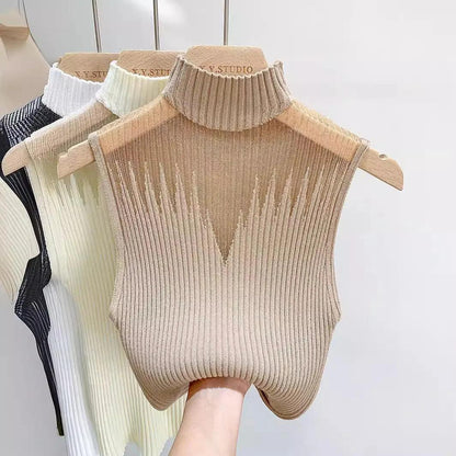 Women Knitting Tank Tops Sleeveless Corset Top 2024 Summer Autumn Vest Half Turtleneck T-Shirt Female Cropped Top Clothing