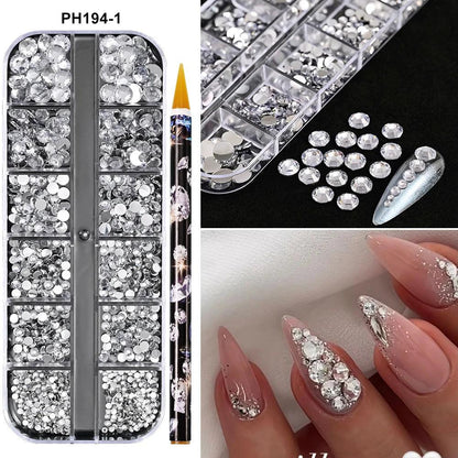 12Grids SS6-SS30 Mixed Nail Rhinestones Clear/Gold/AB Diamond Nail Gems  Flat-back Glass Stones Nail Charms with Wax Pen Picker