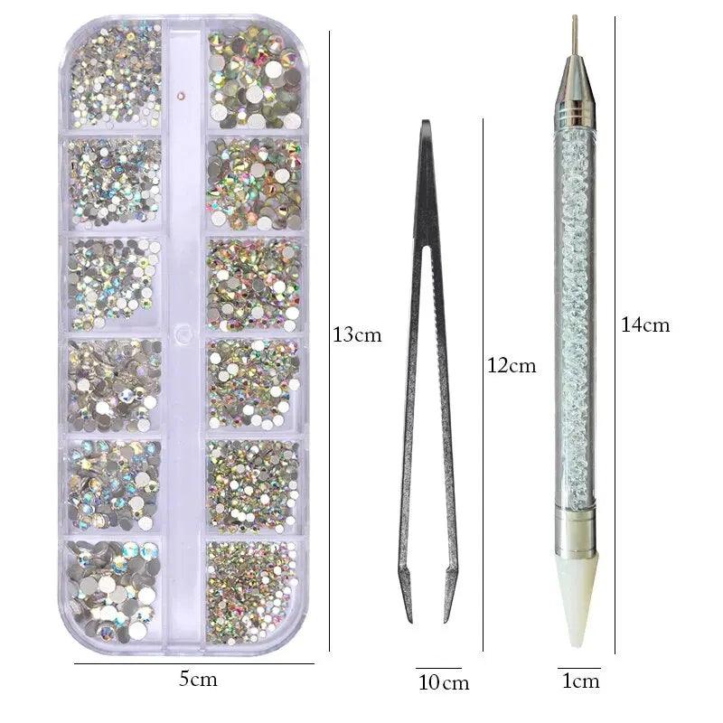 12 Grids Multi Sizes Nail Rhinestones Set Crystal AB Clear Gems with Crystal Pen Clips for DIY Nail Art Decorations