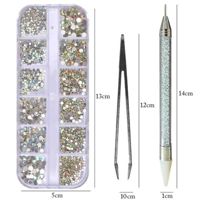 12 Grids Multi Sizes Nail Rhinestones Set Crystal AB Clear Gems with Crystal Pen Clips for DIY Nail Art Decorations