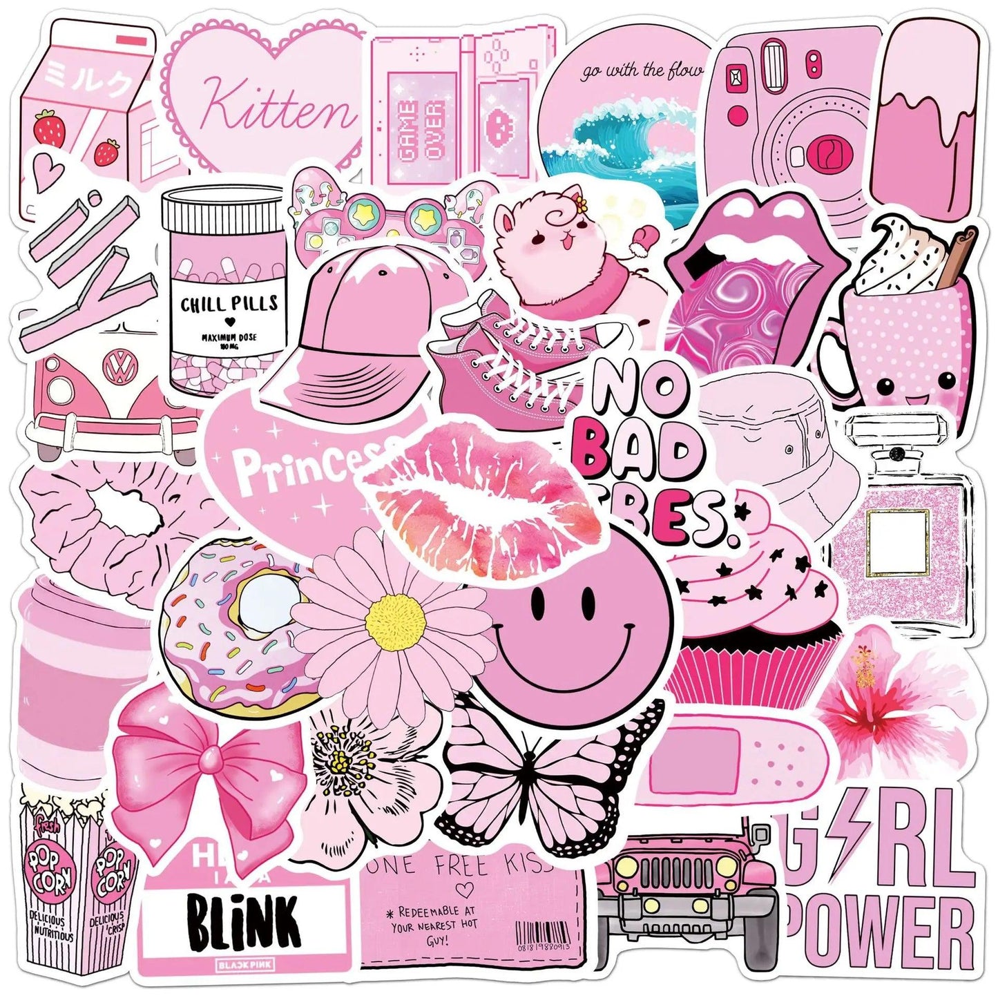 50PCS Pink VSCO Cute Girl Stickers Aesthetic Skateboard Laptop Guitar Graffiti Luggage Car Sticker Waterproof Decal Toys