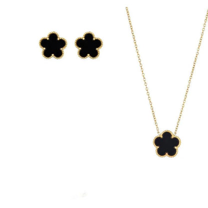 2pcs Double Sided Plant Flower Jewelry Set for Women Girls Trend Daily Wear Stainless Steel Clover Necklace Earrings Black White