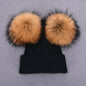 Double Real Raccoon Fur Pompom Hat Women Winter Caps Knitted Wool Hats Skullies Beanies Girls Female Two Fur Pom Pom Beanie Hat