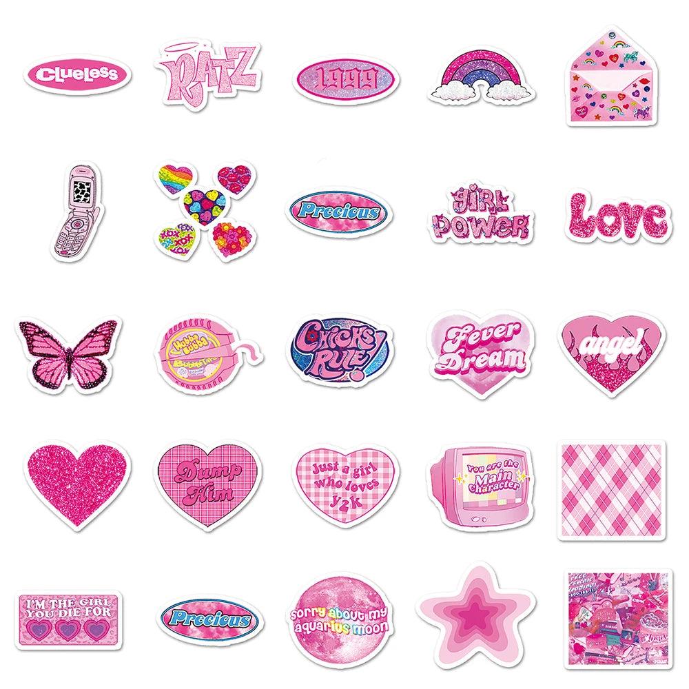 10/30/50pcs Cute Y2K Girl Pink Cartoon Stickers Aesthetic Decal Laptop Guitar Phone Notebook Suitcase Decoration Sticker Kid Toy