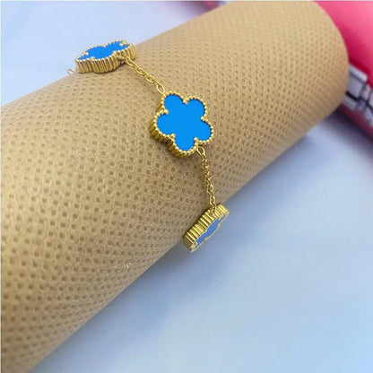 Double Sided Clover Bracelet for Women 14K Gold Plated Stainless Steel Lucky Five Leaf Link Bracelets Wrist Jewelry Lovely Gift