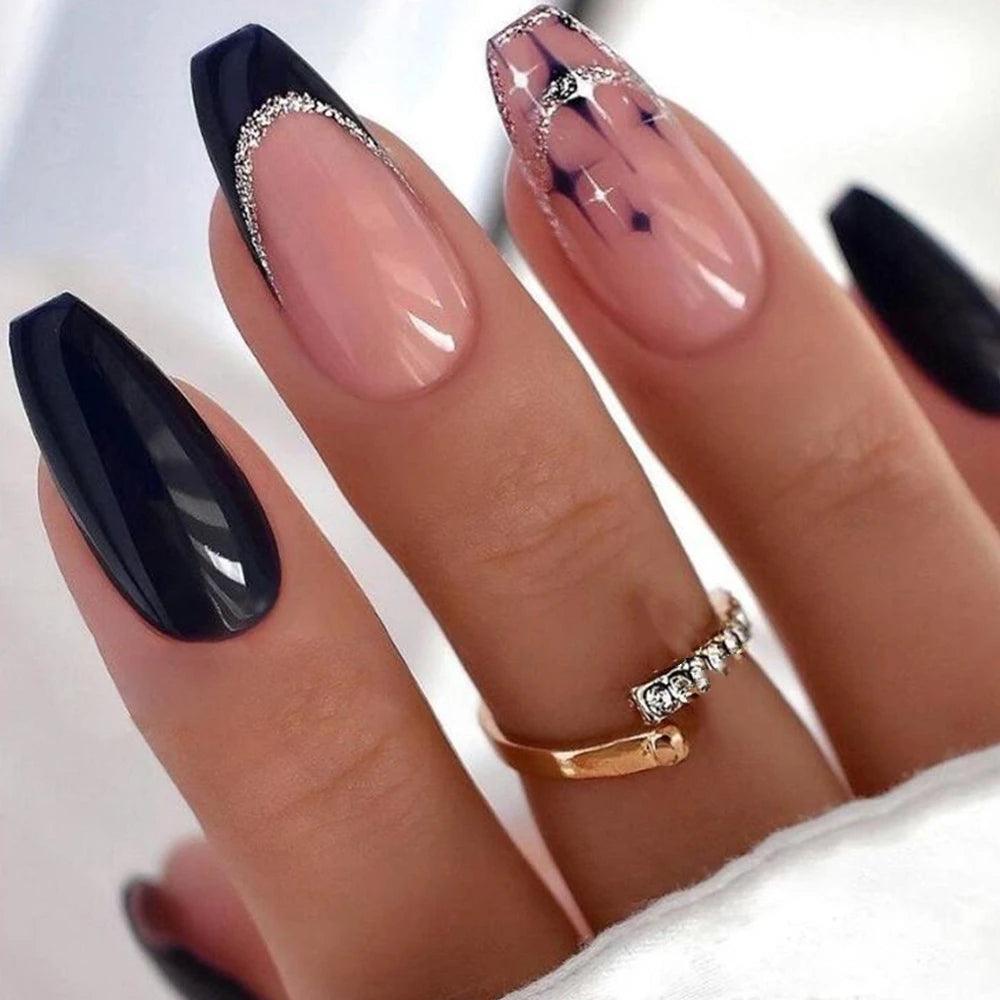 Y2K Black White Star Artificial Fake Nails Full Cover Short False Nail Removable Press on Nails for Women Girls DIY Manicure Art