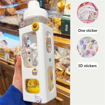 Kawaii Water Bottle With Straw 3D Cute Bear Sticker Bpa Free Plastic Square Sippy Cup Poratable Drinkware 700ml