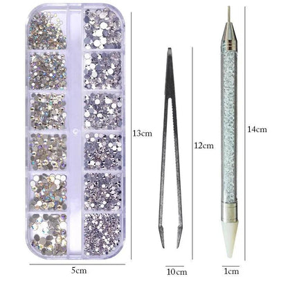 12 Grids Multi Sizes Nail Rhinestones Set Crystal AB Clear Gems with Crystal Pen Clips for DIY Nail Art Decorations