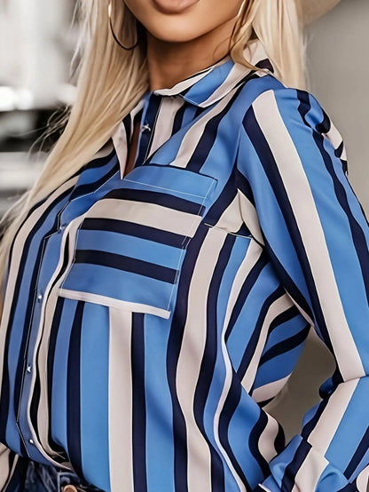 Plus Size Casual Blouse, Women's Plus Stripe Print Long Sleeve Button Up Lapel Collar Shirt Top