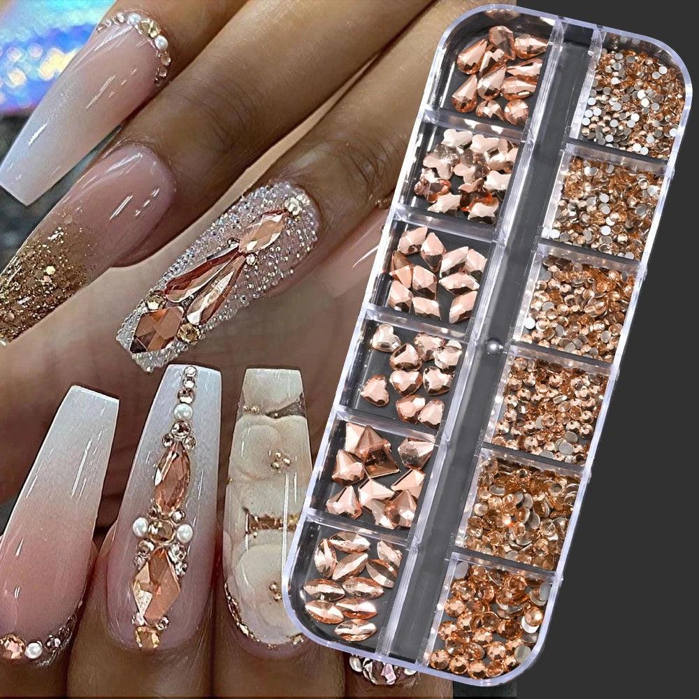 2025#Boxed Champagne Gold Nail Rhinestone 12 Grids Multi-Shaped Flat Back Gemstones 3D Flat-Back Gold Rhinestone Decoration &*