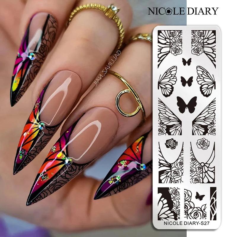 NICOLE DIARY Heart Spider Web Nail Stamping Plates Halloween Heart Line Printing Stencil Nail Arts Tool Nails Decorations Design