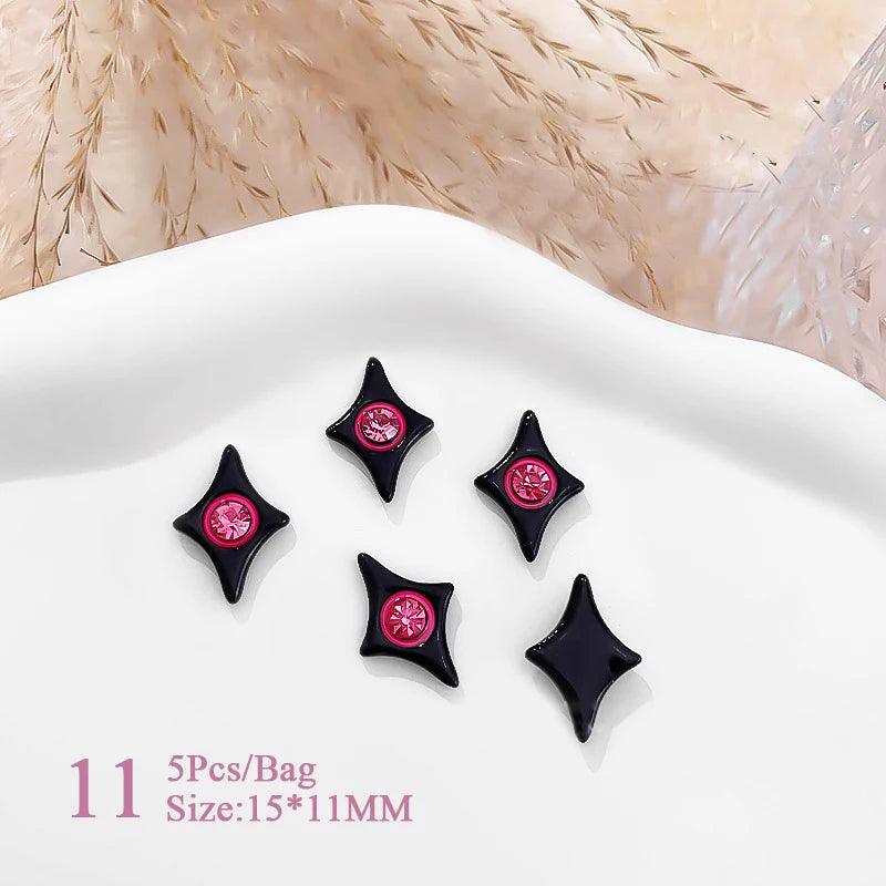 5pcs Pink Black Heart Star Flower 3D Nail Charms Y2K Style Inlaid Rhinestone Nail Jewelry Parts Nail Art Decoration