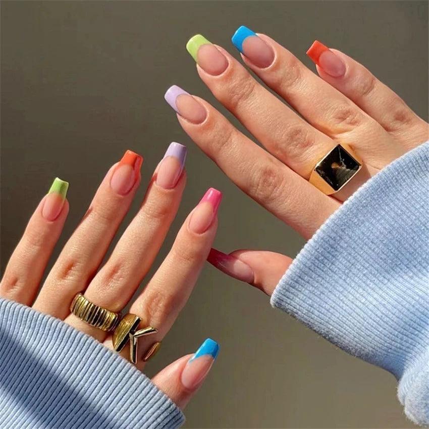 24 Pcs/Set Short Square False Nails French Simple Press on Nails Reusable Fake Nail Art Designs with Nails Accessories & Tools