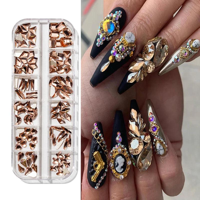 12Gird 3D Glass AB Crystal Nail Art Rhinestones Kit Flatback Round Bead Charm Gem Stones Jewelry Diamond with Tools for Nail Art