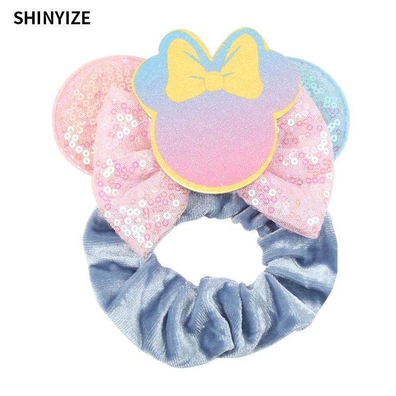 New Chic Disney Mickey Mouse Ears Hair Scrunchies Sequins 4"Bows Elastic Headband Women Velvet Girls DIY Hair Accessories Gift