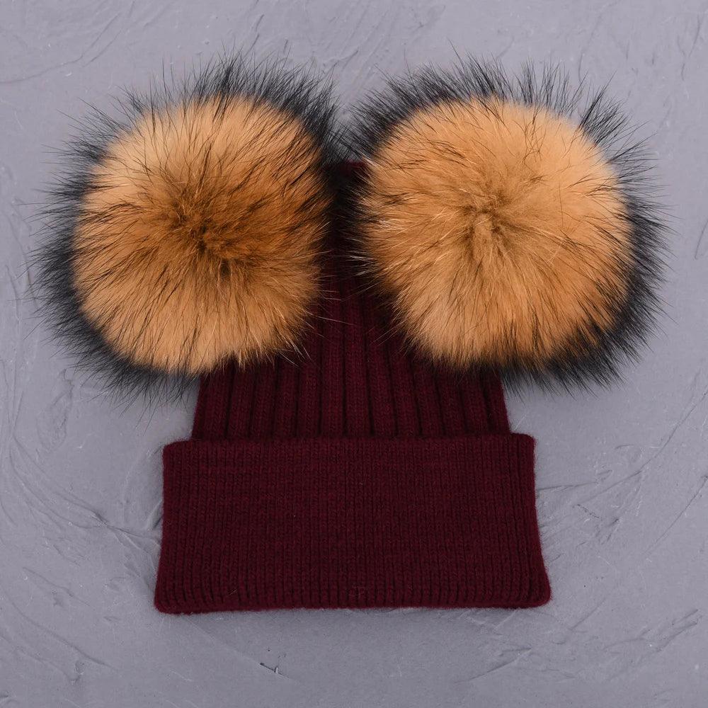 Double Real Raccoon Fur Pompom Hat Women Winter Caps Knitted Wool Hats Skullies Beanies Girls Female Two Fur Pom Pom Beanie Hat