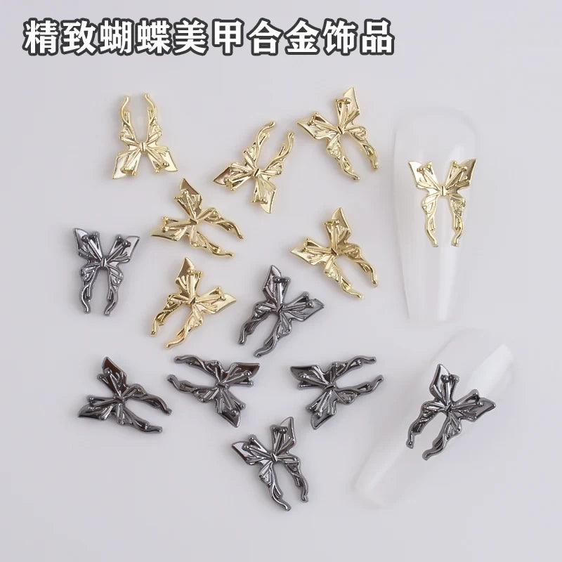 10Pcs/Lot 3D Butterfly Alloy Nail Charms Retro Bow-knot Design Jewelry Luxury Gold Silver Hollow Butterflies Nail Art Decoration