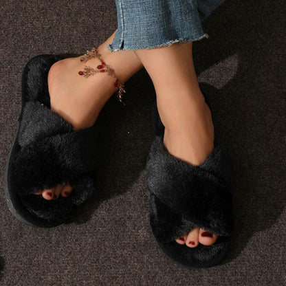 CrissCross Band Plush House Slippers for Women Open Toe Soft Sole Fuzzy Home Shoes Woman Winter Cozy Warm Indoor Floor Slippers