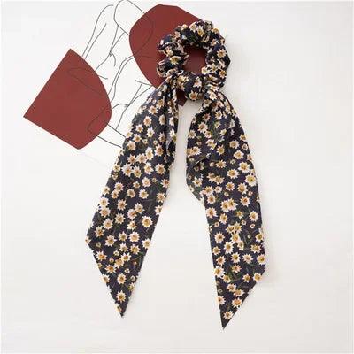 Floral Print Bow Satin Long Ribbon Ponytail Scarf Hair Tie Scrunchies Women Girls Elastic Hair Bands Hair Accessories