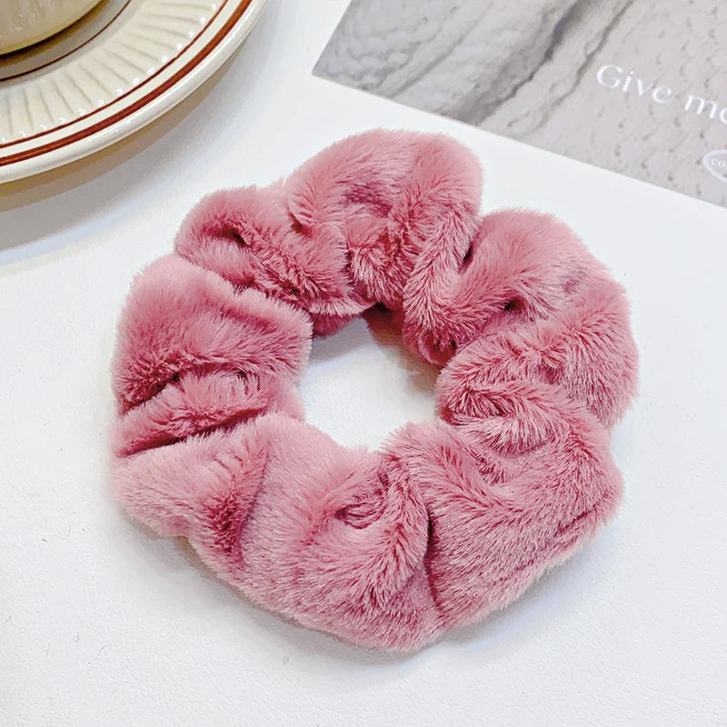 Solid Soft Plush Wide Hair Band For Women Girls Ponytail Holder Hair Tie Fluffy Rubber Band Scrunchie Fashion Hair Accessories