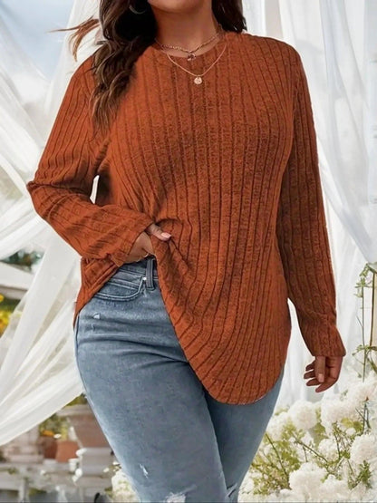 Plus Size 1XL-5XL Women's Fashionable Round Neck Top Ladies Casual Solid Color Long Sleeved Groove Brushed T-shirt